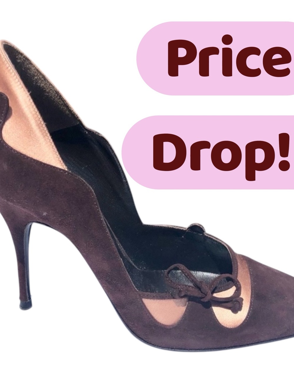 Alexandra Neel brown suede and pinkish beige satin high heel with bow Sz 8.5